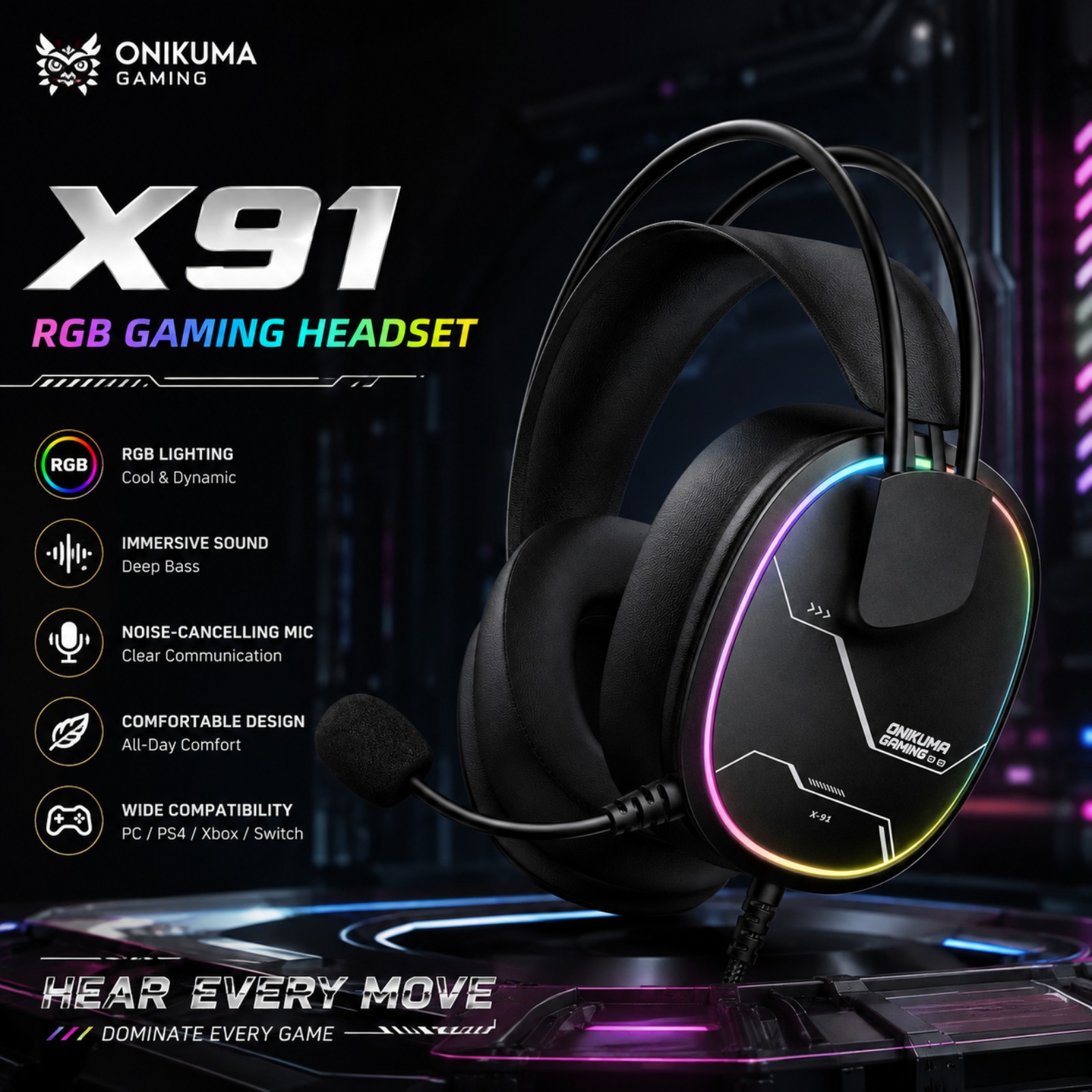 Gaming Headset With Mic Rgb - سماعة ألعاب سلكية ONIKUMA X91 مع