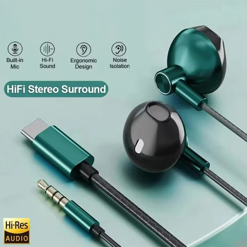 نوع C 3.5 مللي متر HIFI ستيريو - مراجعة Type C Wired Earphones With Mic وسعره